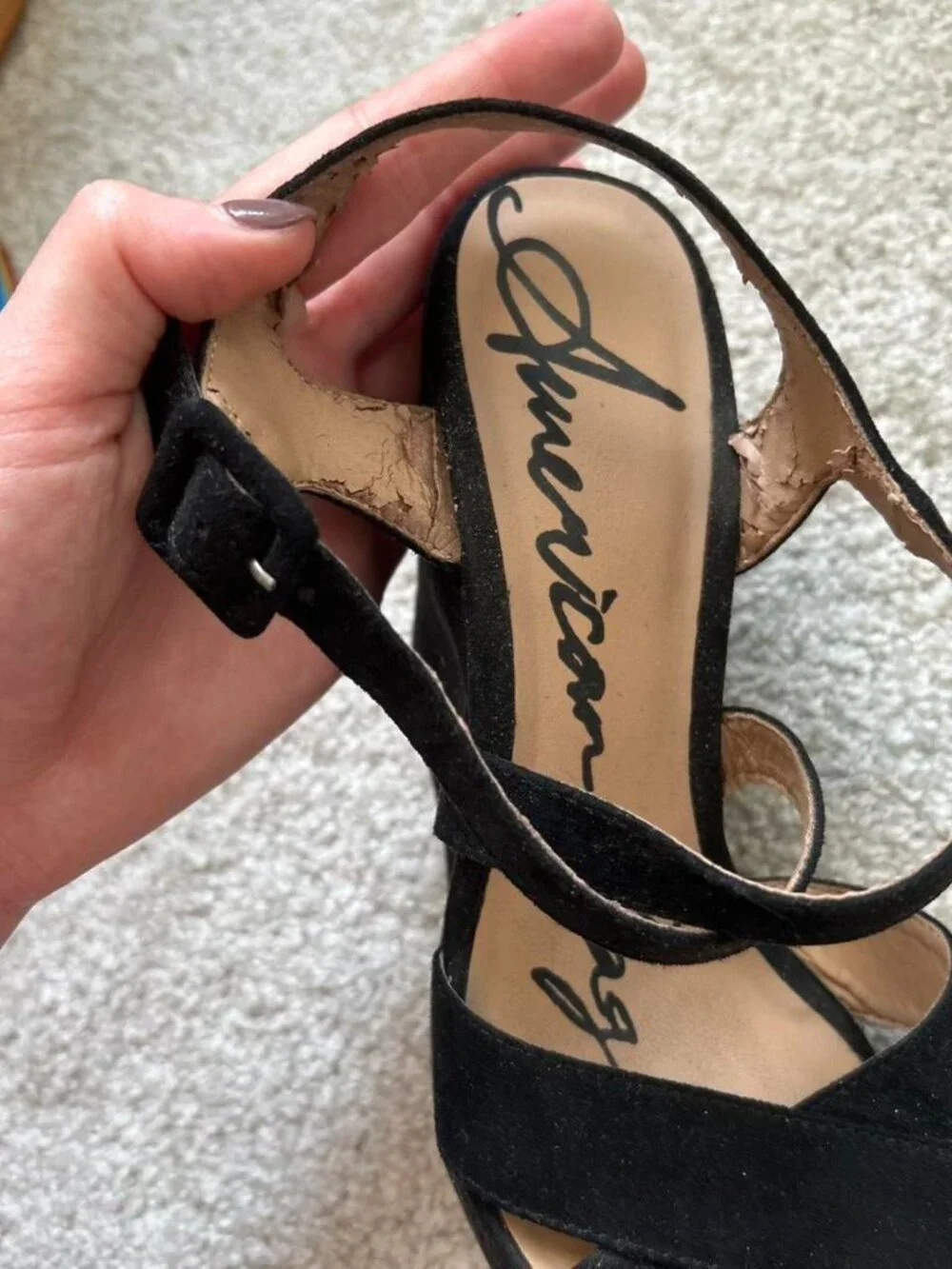 American Rag Co Suede Feel Black Wedge Heels with Criss Cross Straps sz 6